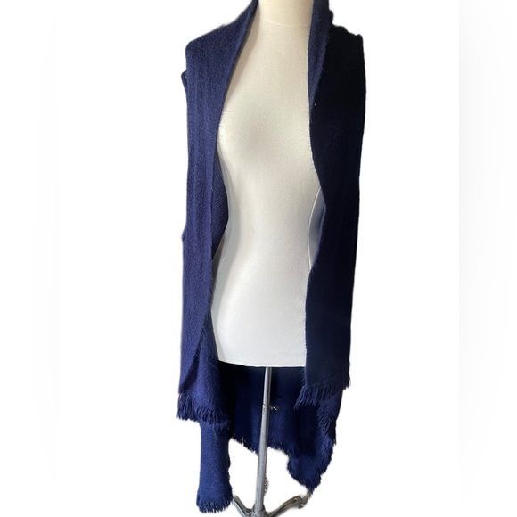 navy blue super soft long midi length fringe sweater vest sleeveless coat - Picture 2 of 5